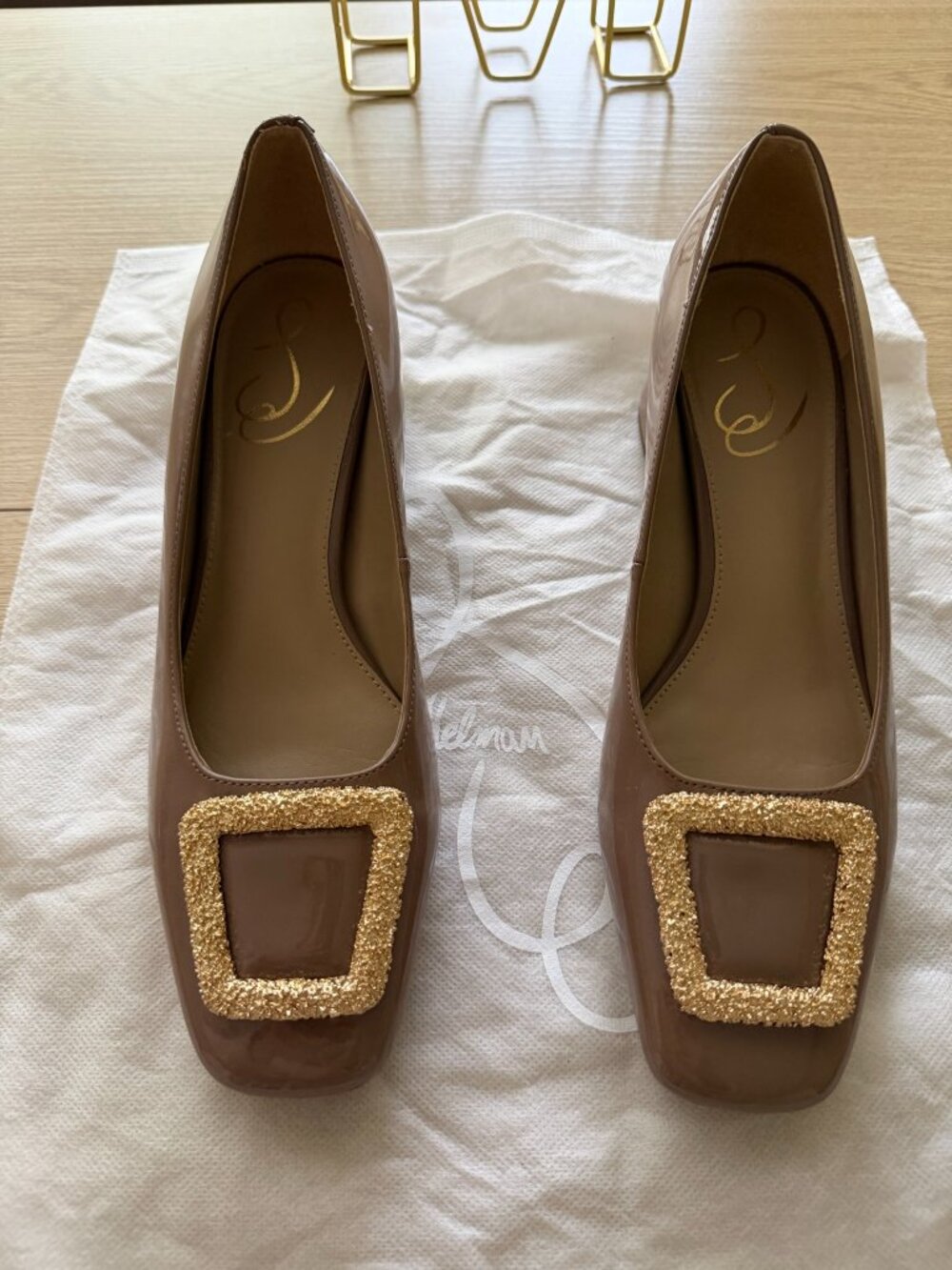 Sam Edelman Taupe Glossy Gold Buckle Square-Toe Block-Heel Pumps US 7